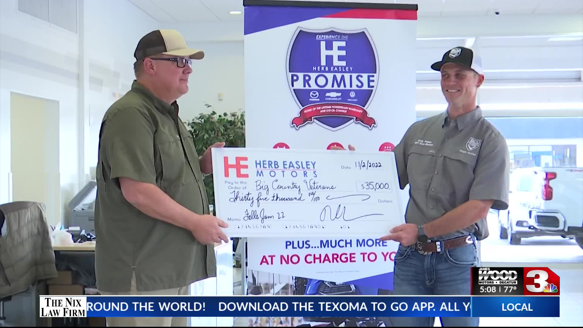 Herb Easley Motors check presentation to Big Country Veterans Falls